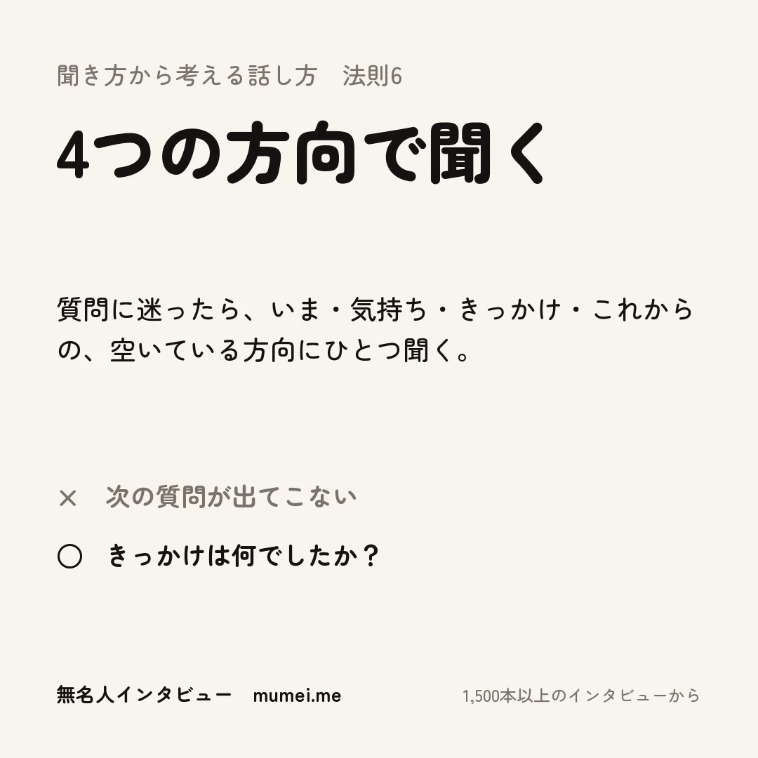 聞き方から考える話し方 法則6 4つの方向で聞く。質問に迷ったら、いま・気持ち・きっかけ・これからの、空いている方向にひとつ聞く。× 次の質問が出てこない ○ きっかけは何でしたか?