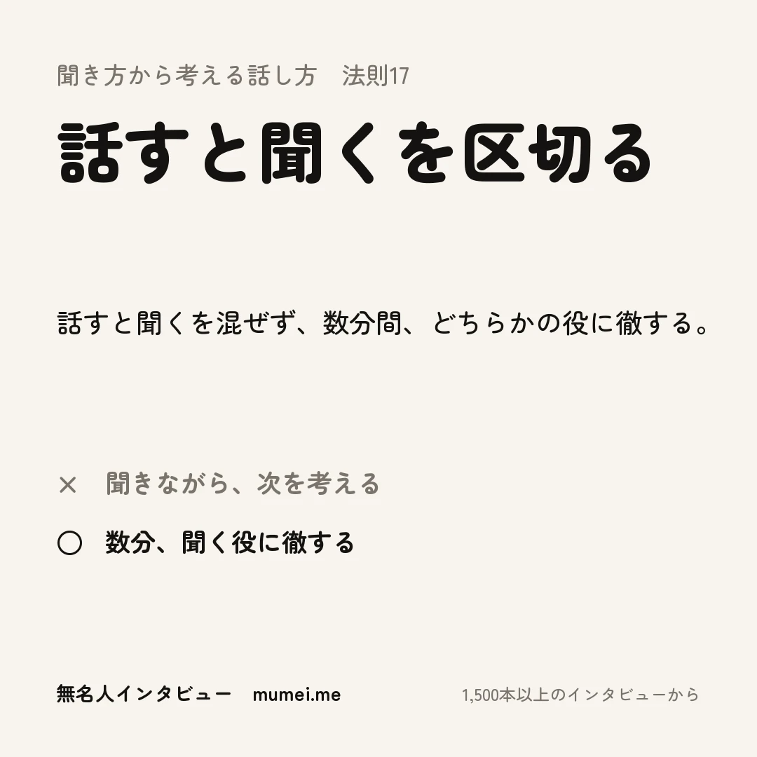 聞き方から考える話し方 法則17 話すと聞くを区切る。話すと聞くを混ぜず、数分間、どちらかの役に徹する。× 聞きながら、次を考える ○ 数分、聞く役に徹する